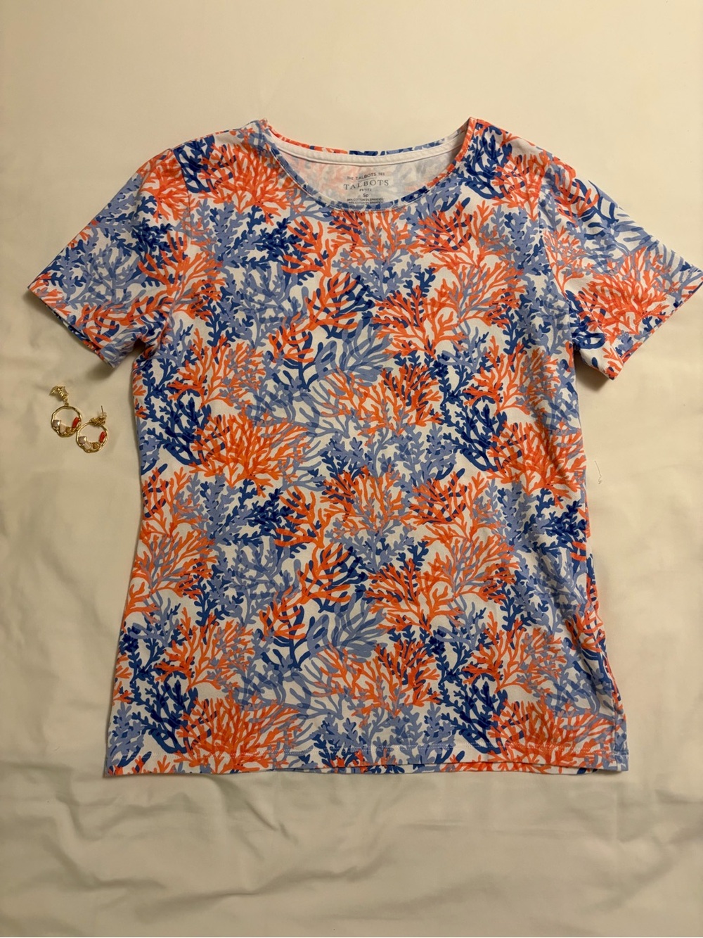 Talbots Blue & Orange Coral-Print Short Sleeve Tee Shirt